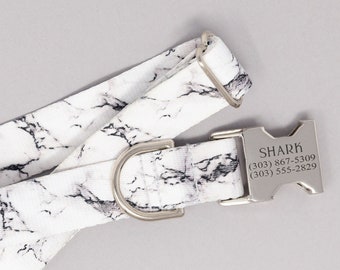 White Marble Personalized Dog Collar, Go Tagless! Engraved Name & Phone Number on Metal Buckle, The Endurance Collection