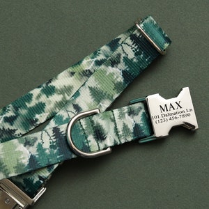 Evergreen Forest Personalized Dog Collar, Go Tagless! Engraved Name & Phone Number on Metal Buckle, Hiking, Trees, The Endurance Collection