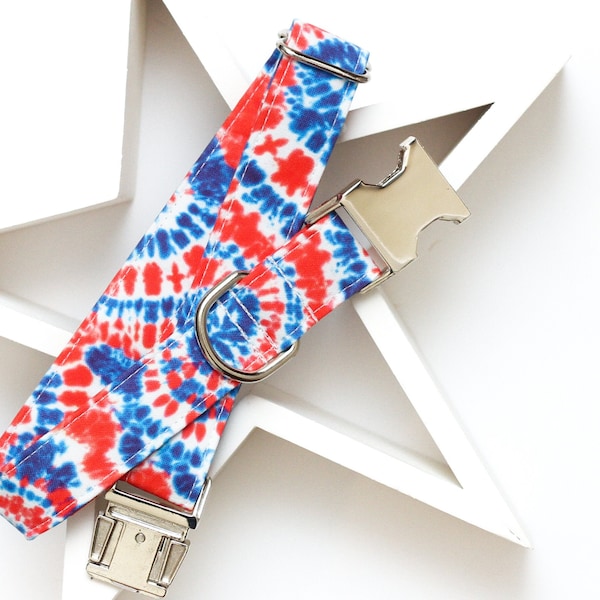 Tie Dye 4th of July Dog Collar, Fourth of July, Summer Dog Collar, Male Dog Collar, Red White and Blue Tie Dyed Dog Collar, Metal Buckle