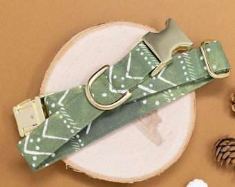 Olive Aztec Autumn Dog Collar, Green. & White. Comes with metal hardware, makes a great pet lover gift. Male, or female dog collar