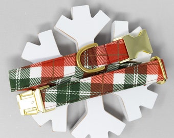 Donner Plaid Dog Collar, Flannel Dog Collar, Male, Female, Olive, Red & Off White, Pet Collar with Metal Buckle, Puppy, Christmas Dog Collar