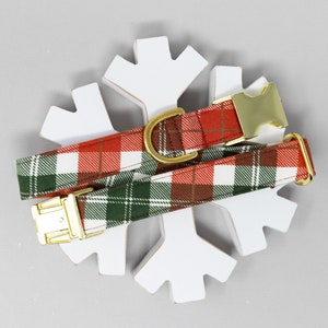 Donner Plaid Dog Collar, Flannel Dog Collar, Male, Female, Olive, Red & Off White, Pet Collar with Metal Buckle, Puppy, Christmas Dog Collar