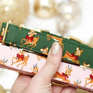 Pink or Green Reindeer Dog Collar. Christmas dog collar, metal hardware. Would make a great dog lover gift or Stocking Stuffer