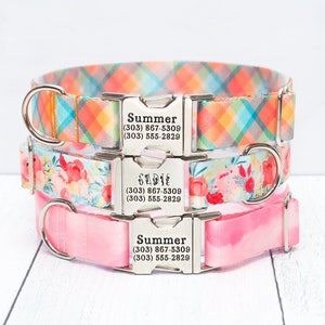 Dog Collar with Personalized Custom Engraving, Floral Dog Collar, Roses Dog Collar, Plaid Dog Collar, Pink Watercolor, Female Dog, Bright