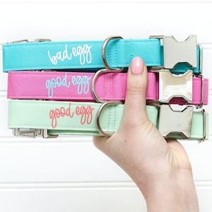 Good Egg / Bad Egg Easter Dog Collar, Spring dog collar, metal hardware. Blue, Pink, Mint, Silver or Gold