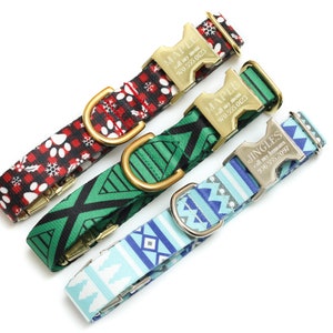 Winter, Christmas Personalized Dog Collar, Go Tagless! Engraved Name & Phone Number on Metal Buckle, All Webbing, The Endurance Collection