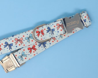 Rood witte en blauwe strikken hondenhalsband, 4 juli huisdierhalsband, zomer hondenhalsband meisjes, metalen hardware, sterren patriottische handgemaakte kraag