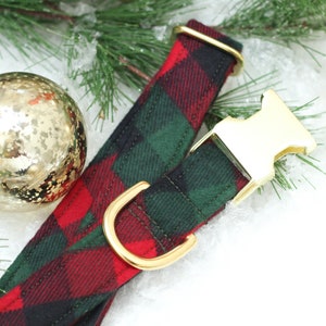 Red Green Buffalo Plaid Dog Collar | Christmas Flannel Dog Outfit Cozy Woven Tartan Holiday Pet Photo Gift