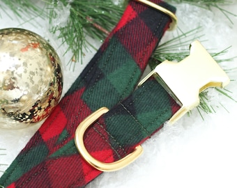 Roodgroene buffelruit hondenhalsband | Kerstflanellen hondenoutfit, gezellig geweven tartan, feestelijk cadeau voor huisdierfoto's