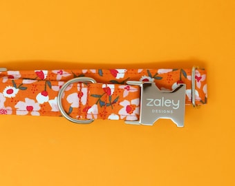 Oranje bloemenhalsband, zomerbloem hondenhalsband, girly, lentehalsband, handgemaakt, metalen gesp