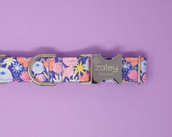 Purple Floral Dog Collar, Girly Pet Collar, Metal Hardware, Handmade Collar