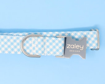 Babyblauwe en witte geruite geruite hondenhalsband, knappe jongen puppyhalsband, lente, zomer, handgemaakt katoen