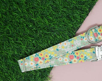 May include: A green and white floral dog collar with silver hardware. The collar has a buckle closure and a metal tag that reads "Zaley Designs".