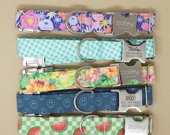 Summer Dog Collar, Floral, Smileys, Plaid, Watermelon, Customized Engraving Available, Personalized