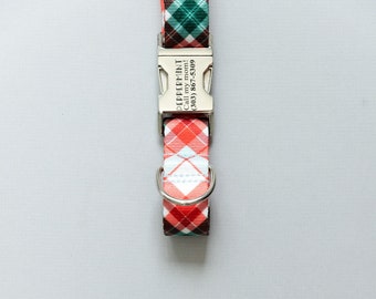 Christmas Plaid Personalized Dog Collar, Red and Green Plaid Personalized Dog Collar, Holiday Dog Collar, Engraved Name on Dog Collar