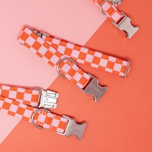 Collar para perro a cuadros rosa y naranja con hebilla de metal, de cuadros vichy, de verano, para mascotas, ideal como regalo para mamás primerizas.