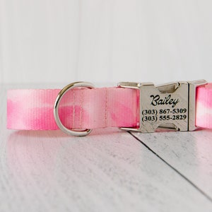 Pink Watercolor Personalized Dog Collar: Engraved Tagless Pet ID