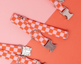 Pink and Orange Checker Dog Collar with metal buckle, Gingham, Plaid Summer Dog Collar, Pet Collar, Female Dog Collar, New Dog Mom Gift