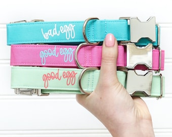 Collar para perro de Pascua "Huevo Bueno/Huevo Malo", collar de primavera para perro, herrajes metálicos. Azul, rosa, menta, plata u oro.