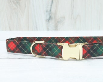 Christmas Plaid Dog Collar: Red, Green & Gold Tartan