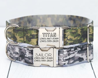 Personalized Camo Dog Collar, Camouflage Laser Engraved Dog Collar, Male Dog Collar, Green Camo, Gray Camo, Boy Dog Collar, Go Tagless