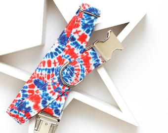 Tie Dye 4th of July Dog Collar, Fourth of July, Summer Dog Collar, Male Dog Collar, Red White and Blue Tie Dyed Dog Collar, Metal Buckle