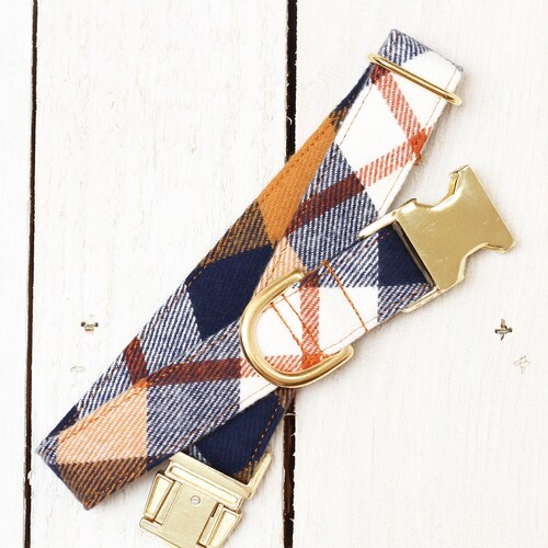 Plaid Dog Collar Autumn Dog Collar Tan & Navy Blue Dog Etsy