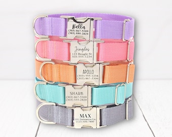 Puede incluir: Cinco collares de perro coloridos con etiquetas plateadas personalizadas. Los collares están apilados uno encima del otro. Las etiquetas incluyen el nombre, la dirección y el número de teléfono del perro.