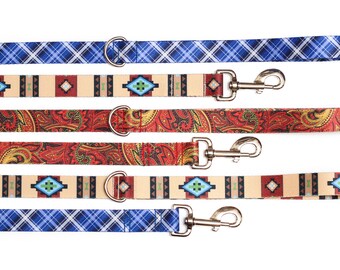 Hundeleine - Leinen, Schwerlast, Blau kariert, Tan Tribal, Azteken, Rote Damast Hundeleine, Silber Hardware