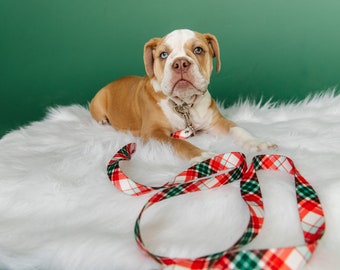 クリスマス チェック柄犬用リード、チェック柄ウェビング犬用リード、ホリデー 犬用リード、大型犬用リード、頑丈な犬用リード、赤と緑のチェック柄リード