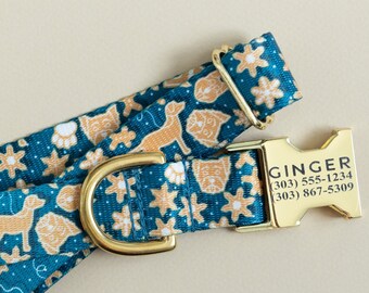 Gingerbread Personalized Dog Collar, Christmas Personalized Dog Collar, Teal Christmas Dog, Holiday Dog Collar, Engraved Name on Dog Collar