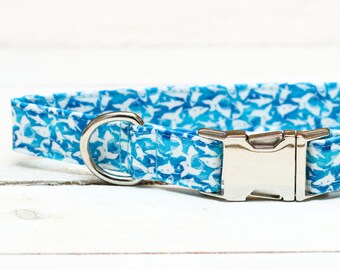 Collier requin pour chien, Animal de compagnie, Aquarelle, Semaine du requin, Collier pour chien mâle, Bleu, Océan, Eau, Quincaillerie en métal