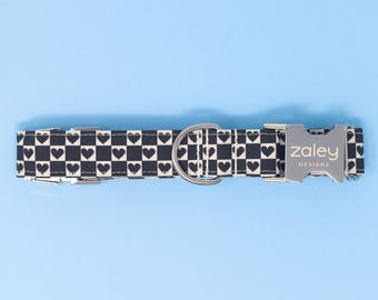 Hundehalsband schwarz weiß kariert: Metallschnalle, Baumwolle