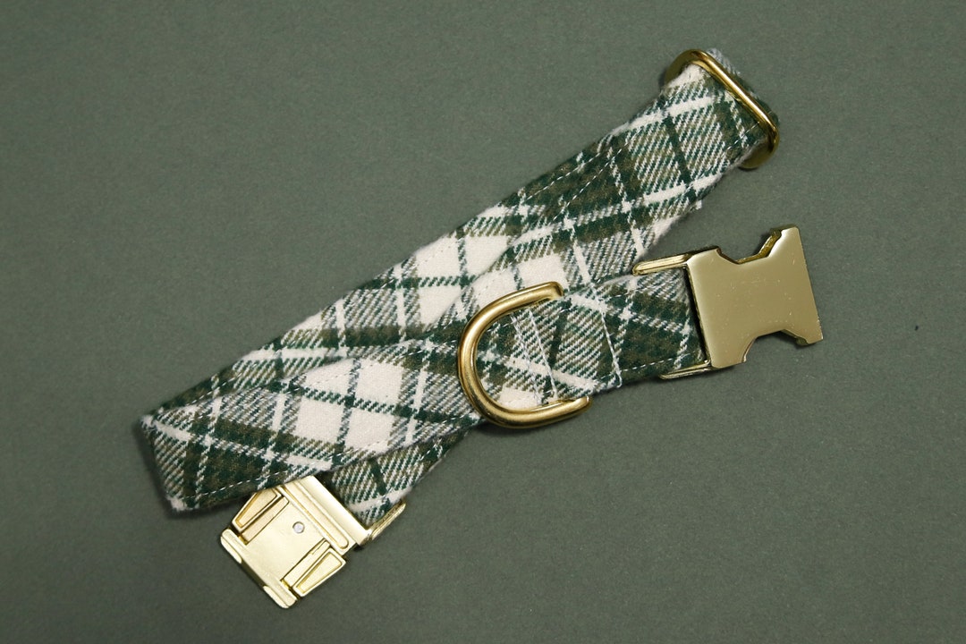 Green Flannel Plaid Dog Collar, Flannel Plaid Dog Collar, Olive Green