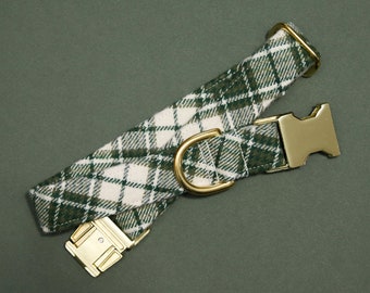 Green Flannel Plaid Dog Collar, Flannel Plaid Dog Collar, Olive Green Plaid Collar, Male Pet Collar, Dog Collar with Metal Buckle