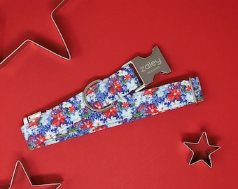 Red, White & Blue Floral Dog Collar, 4th of July Pet Collar, Patriotic Dog Collar, Metal Hardware, Handmade Collar