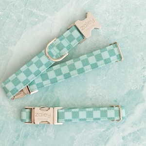 Niebieska obroża w kratkę dla psa, obroża dla psa w kolorze miętowym, obroża wiosenna dla psa, obroża dla nowego szczeniaka, prezent dla mamy psa, kwadraty, jaskrawa obroża dla psa