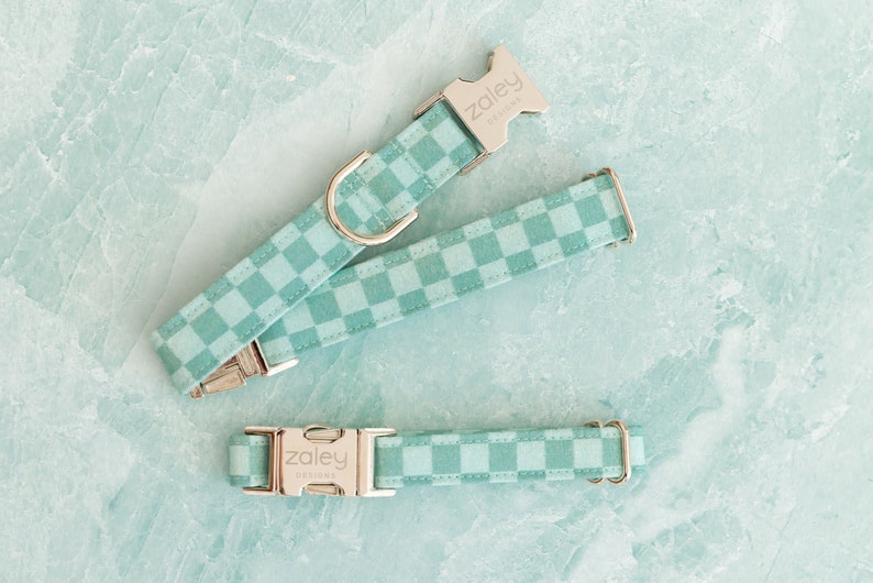 May include: Two light blue checkered dog collars with silver buckles. The buckles have the word "Zaley" engraved on them.