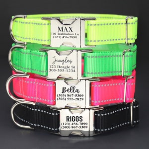 Reflective Dog Collar, Personalized Dog Collar, High Visibility Neon, Deep Engraved Name & Phone Number, Safety Dog Collar, Tough Dog Collar