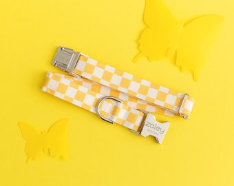 Yellow checkered dog collar, girl dog collar, boy dog collar, sunshine dog collar, new puppy collar, dog mom gift, squares, bright dog