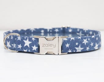 Navy Blue Stars Dog Collar, 4th of July Pet Collar, Patriotic, USA Dog Collar, Metal Hardware, Handmade Collar