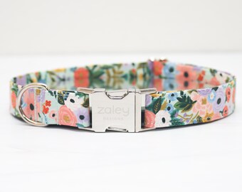 Hondenhalsband, Rifle Paper Company, babyblauw met koraal, lavendel en blauwe bloemen, lente bloemen hondenhalsband, zomerbloemen, girly hondenhalsband