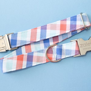 Summer Plaid Dog Collar, Seersucker Plaid, Coral & mint Plaid dog collar, Blue Dog Collar, Pink Dog Collar, dog lover gift, Zaley Designs