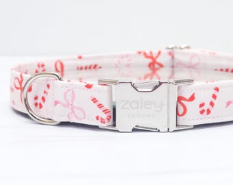 Pink Christmas Dog Collar: Bows & Candy Canes Holiday Pet Collar