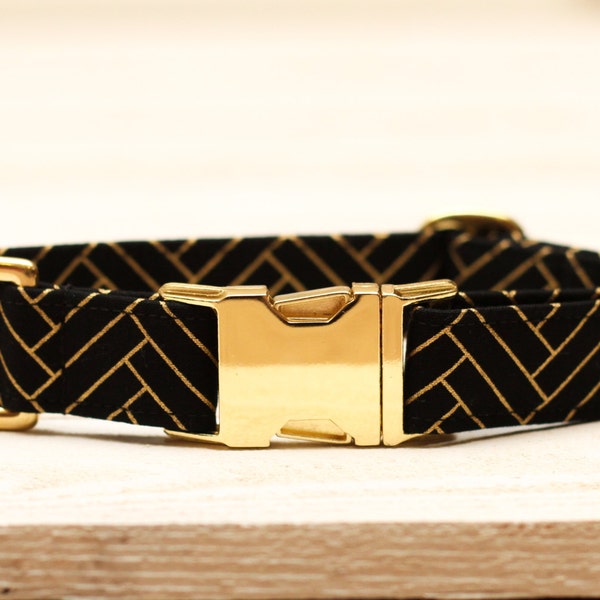 Dog Collar Chevron Metallic Gold, Herringbone, Wedding Dog Collar, Black and Gold