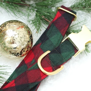 Red & Green Buffalo Plaid Dog Collar, Christmas Dog Collar, Male, Female, Flannel Pet Collar with Metal Buckle, Puppy, Christmas Dog Collar