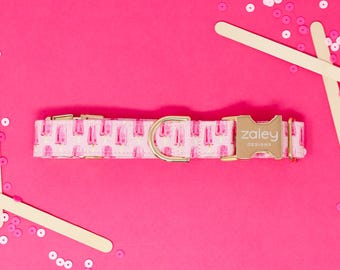 Hot Pink Popsicles Dog Collar: Handmade Cotton Pet Collar with Gold Buckle