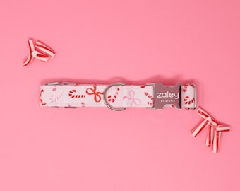 Pink Bows Christmas Dog Collar: Candy Canes Holiday Pet Collar