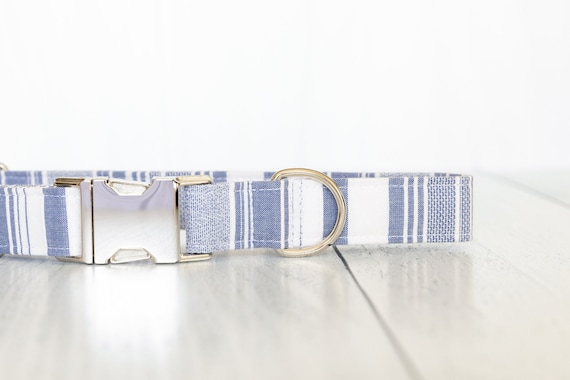 Blue & White Stripe Dog Collar, Linen Dog Collar, Male Dog Collar, Boy Dog Collar, Greek Dog Collar, Stripped Pet Collar, Dog mom gift