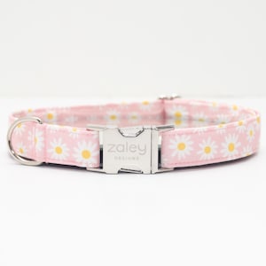 Pink Daisies Dog Collar |  Summer Spring Floral Dog Collar |  Handmade Dog Collar with Silver Metal Buckle | Floral Girl Dog Collar | Zaley
